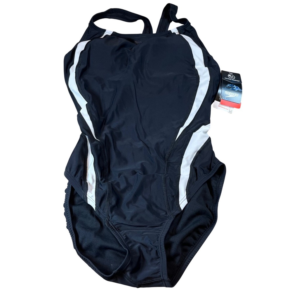 Speedo Womens Hydro Bra One Piece Swimsuit Black White Athletic Swim Size 10 NWT
